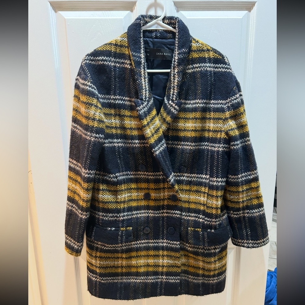 Vintage Zara Basic Yellow and Black Plaid Flannel Wool Blend Pea Coat